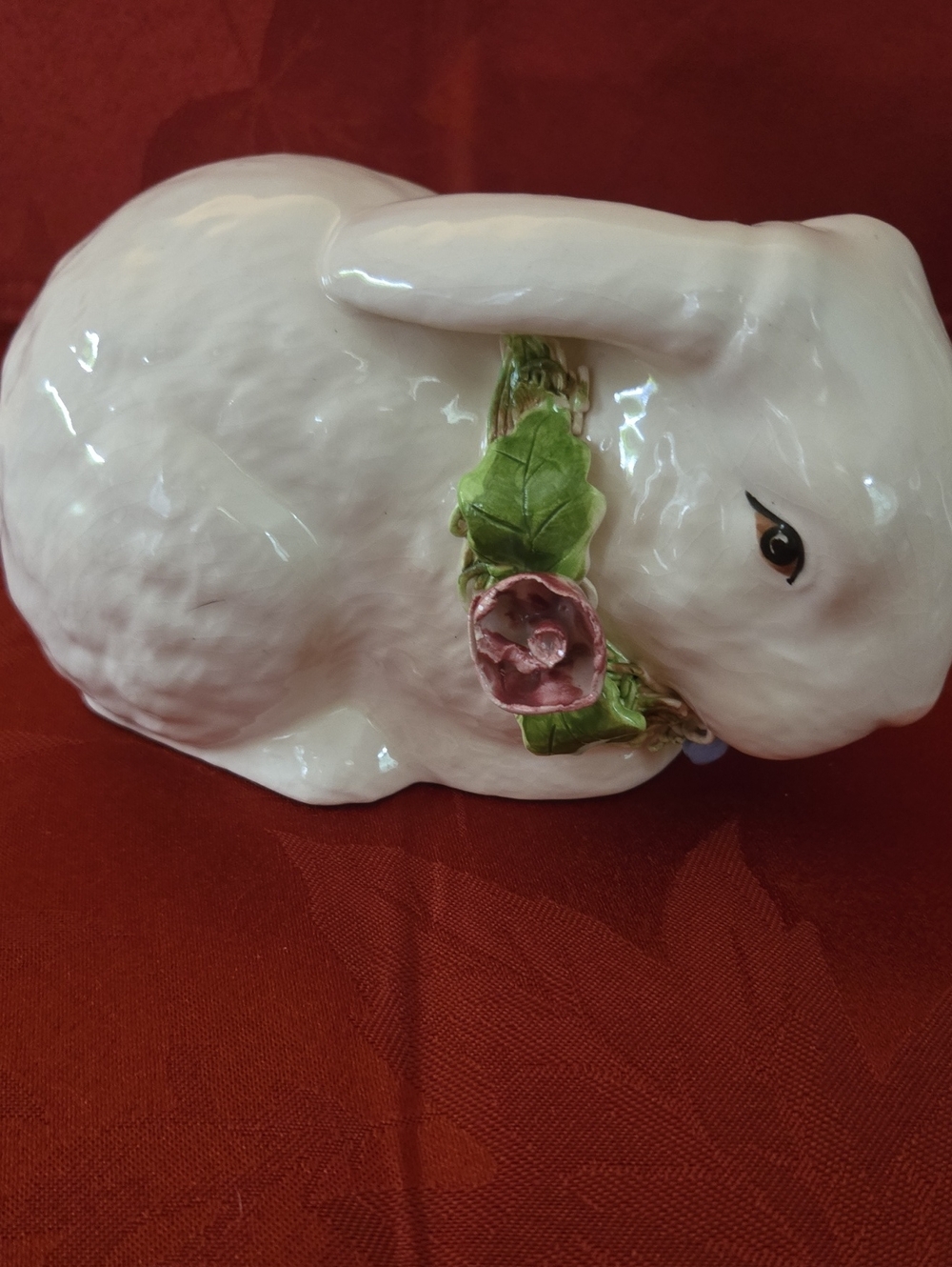 Lorraine Eggleston White Ceramic Bunny Figurine with Pink Flower Accent